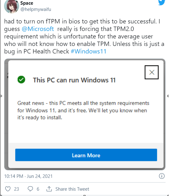 a tweet related  Trusted Platform Module  to install window 11 in pc
